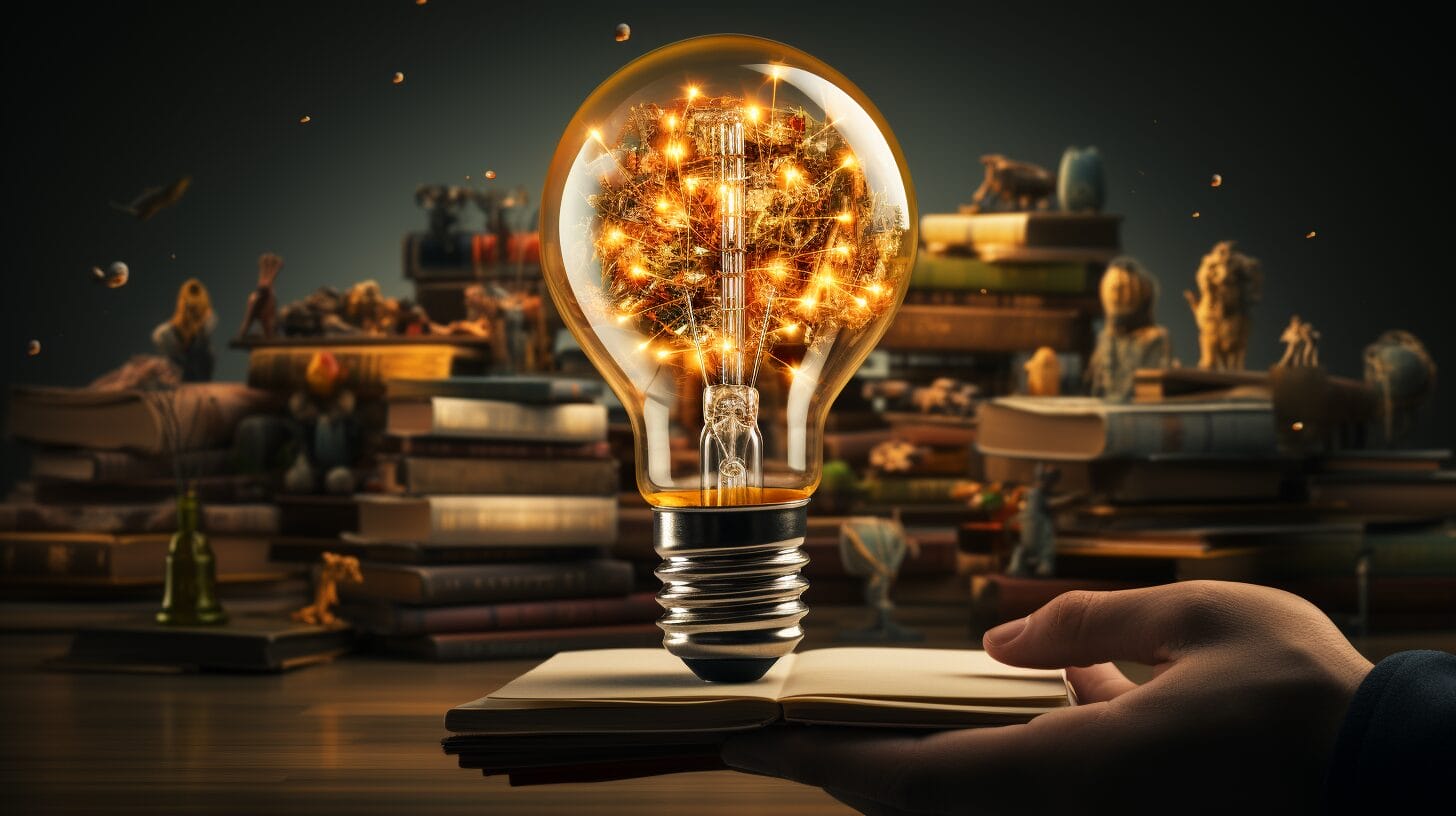 Lightbulb with marketing symbols being attracted to it, symbolizing the power of strong headline words.