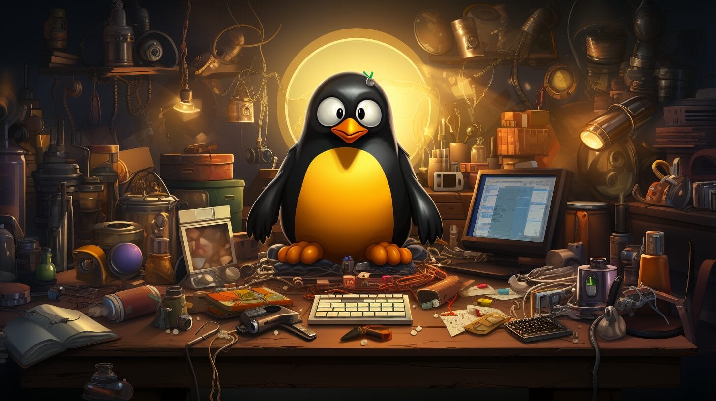  Linux penguin at a computer with Python code and IDE icons.