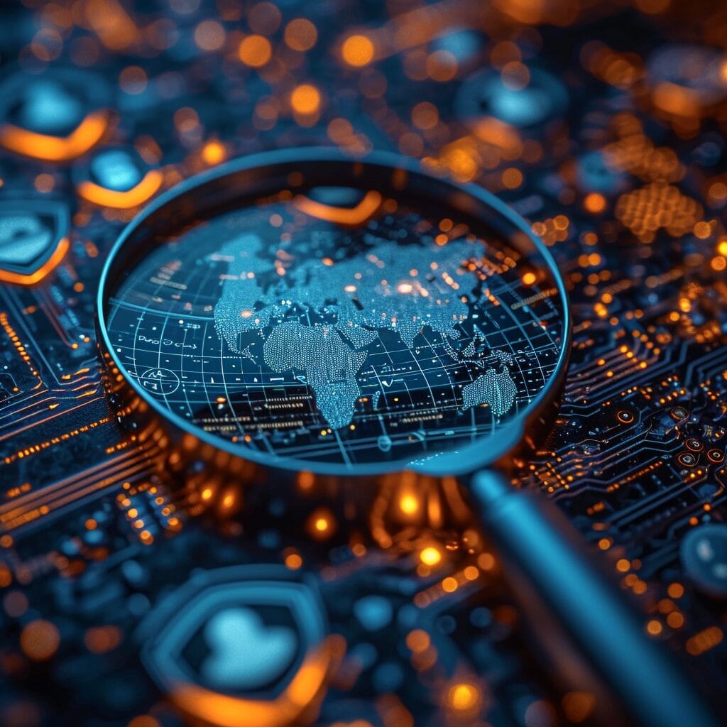 Magnifying glass and shields over digital globe with browser background. No track search engine. 