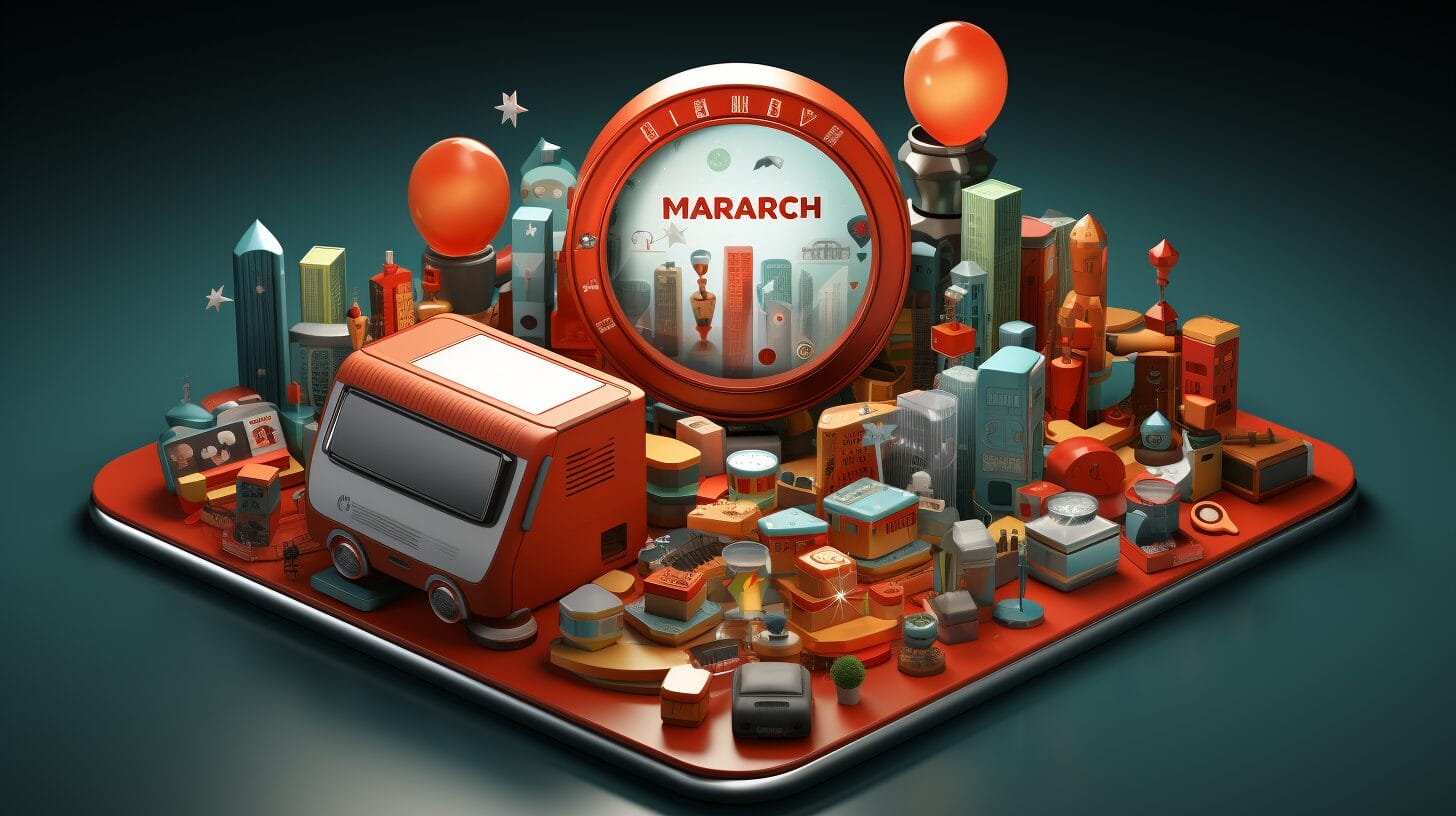 Magnifying glass examining smartphone with Mercari logo, e-commerce packages, trust badge.