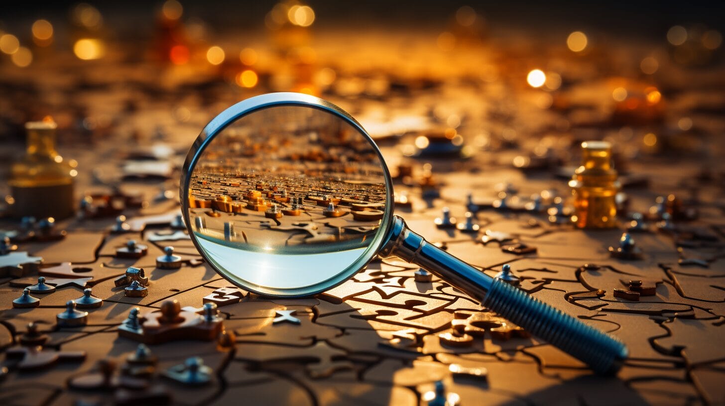 Magnifying glass on jigsaw puzzle with title tag-shaped pieces interlocking with plain pieces.