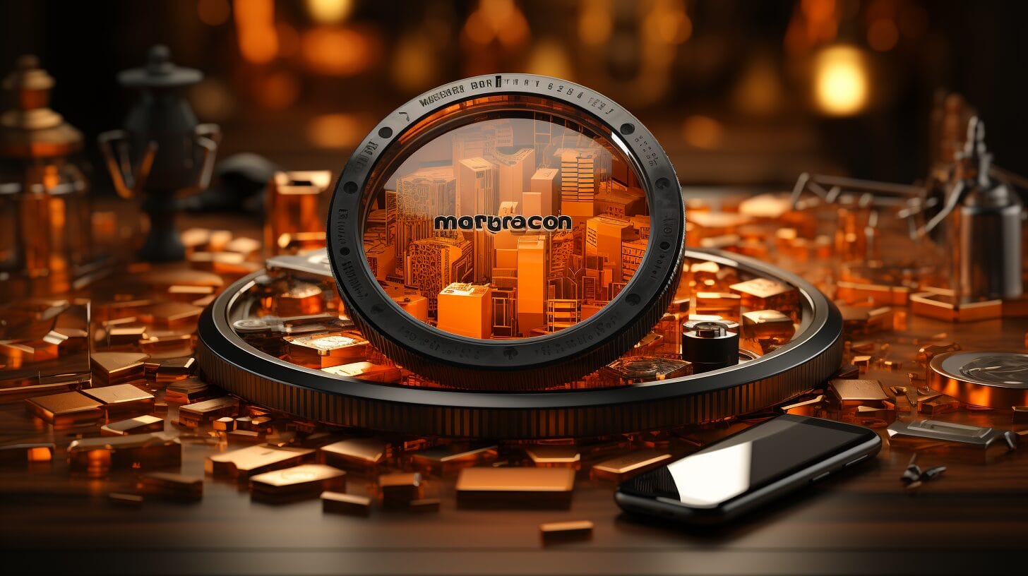 Magnifying glass over smartphone with Mercari interface, secure padlocks, and safety shield.