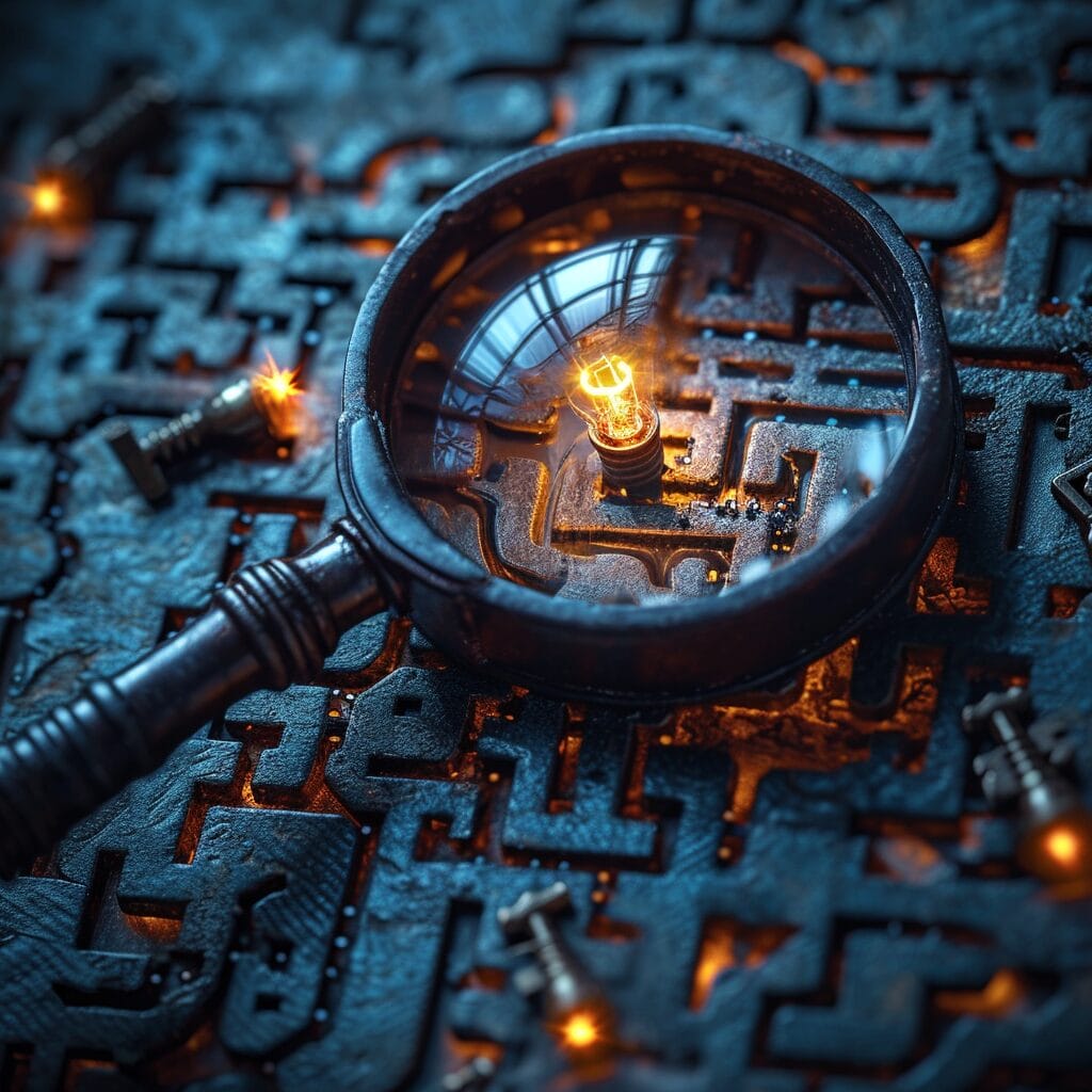 Magnifying glass revealing key in maze with cogwheel. SERP keyword research tool. 
