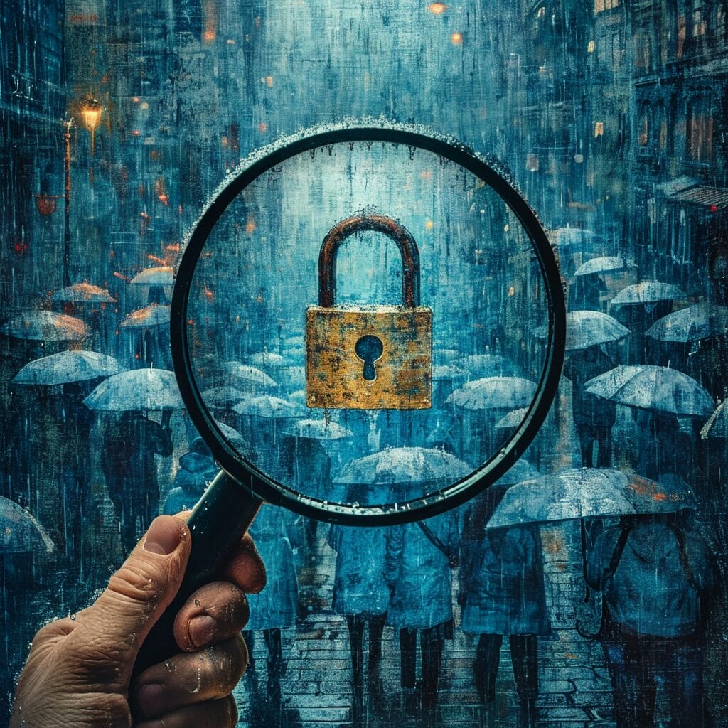 Magnifying glass uncovering padlock in digital space with anonymous avatars and umbrella.