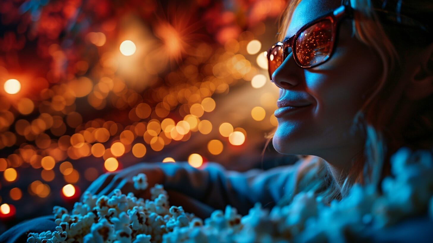 Mesmerized viewer with 3D glasses and popcorn in immersive universe scene