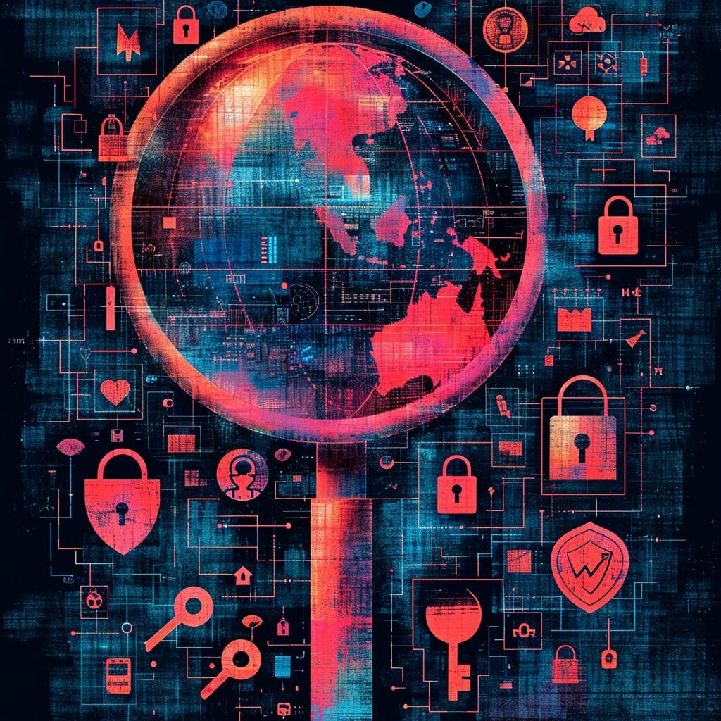 Modern privacy illustration with magnifying glass, digital globe, lock, shields, and keys.