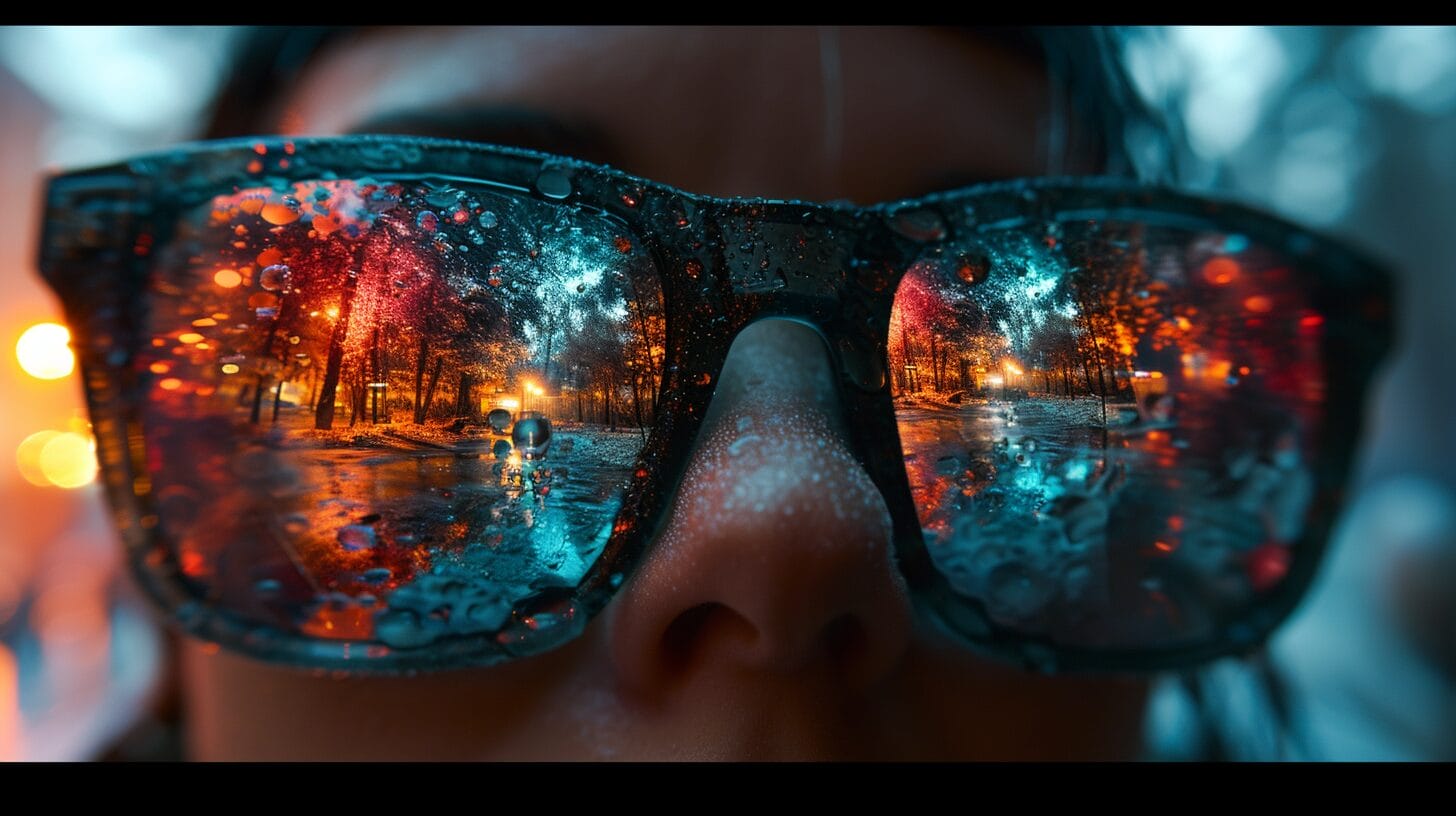 Polarized 3D glasses with split background of 3D TV, theater, and VR.
