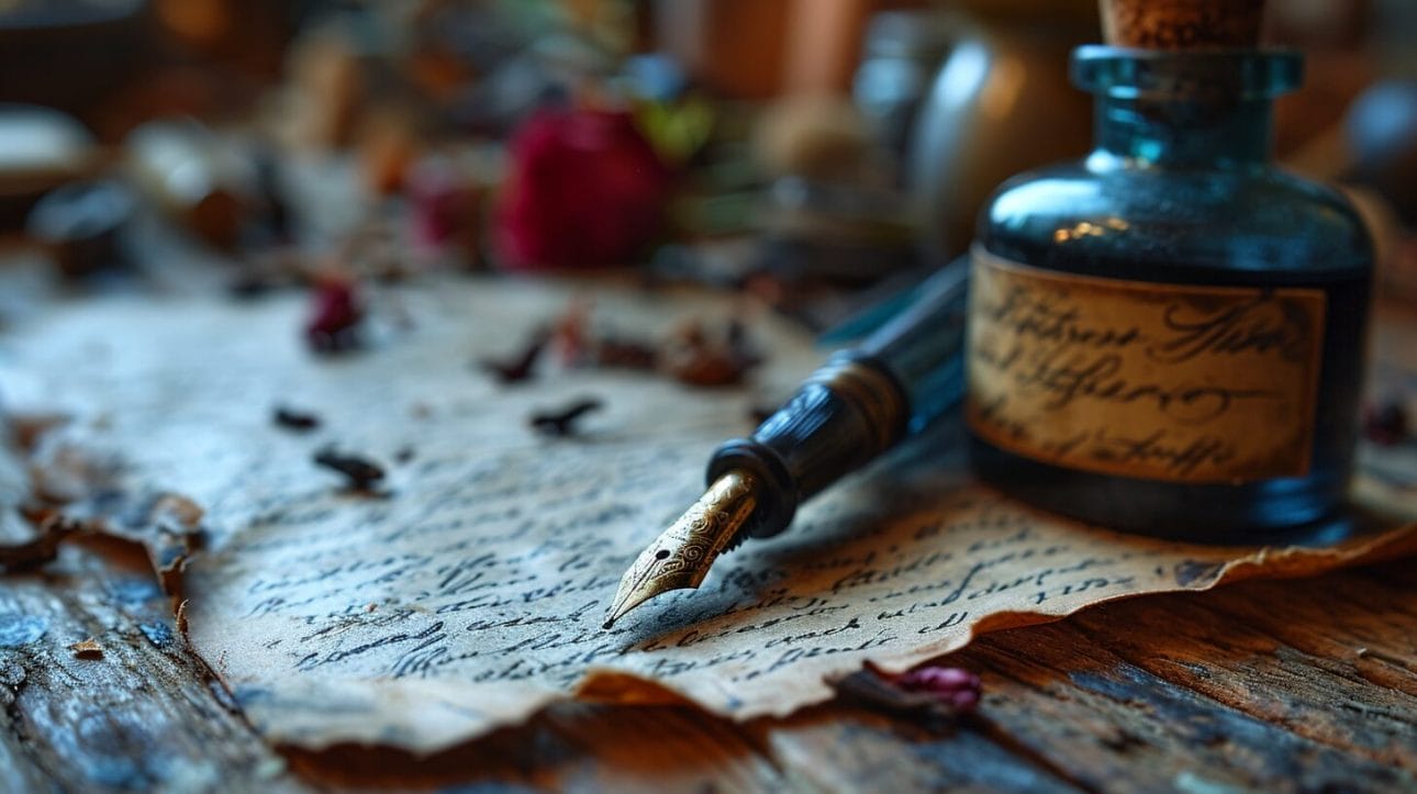 Quill pen and inkwell with transparent letter overlay.
