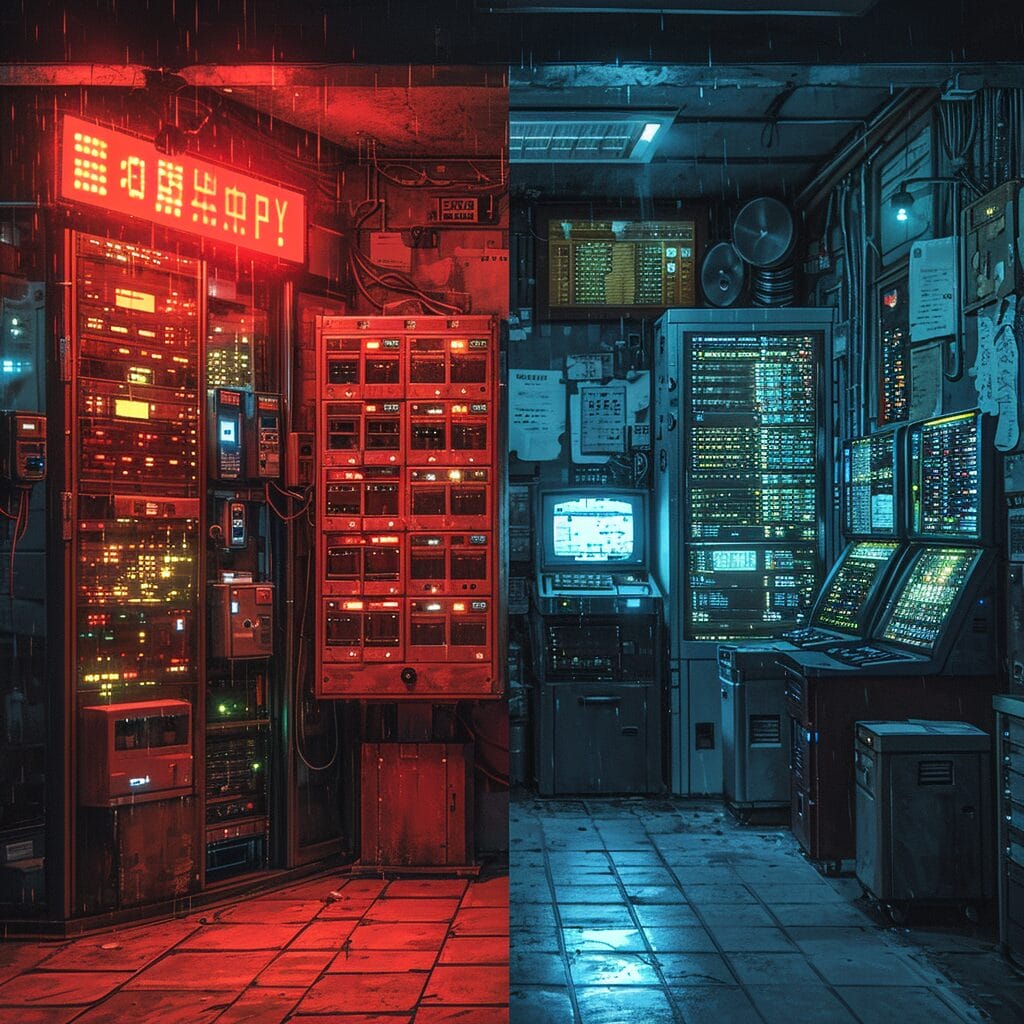 Split image of classic post office and modern server room.