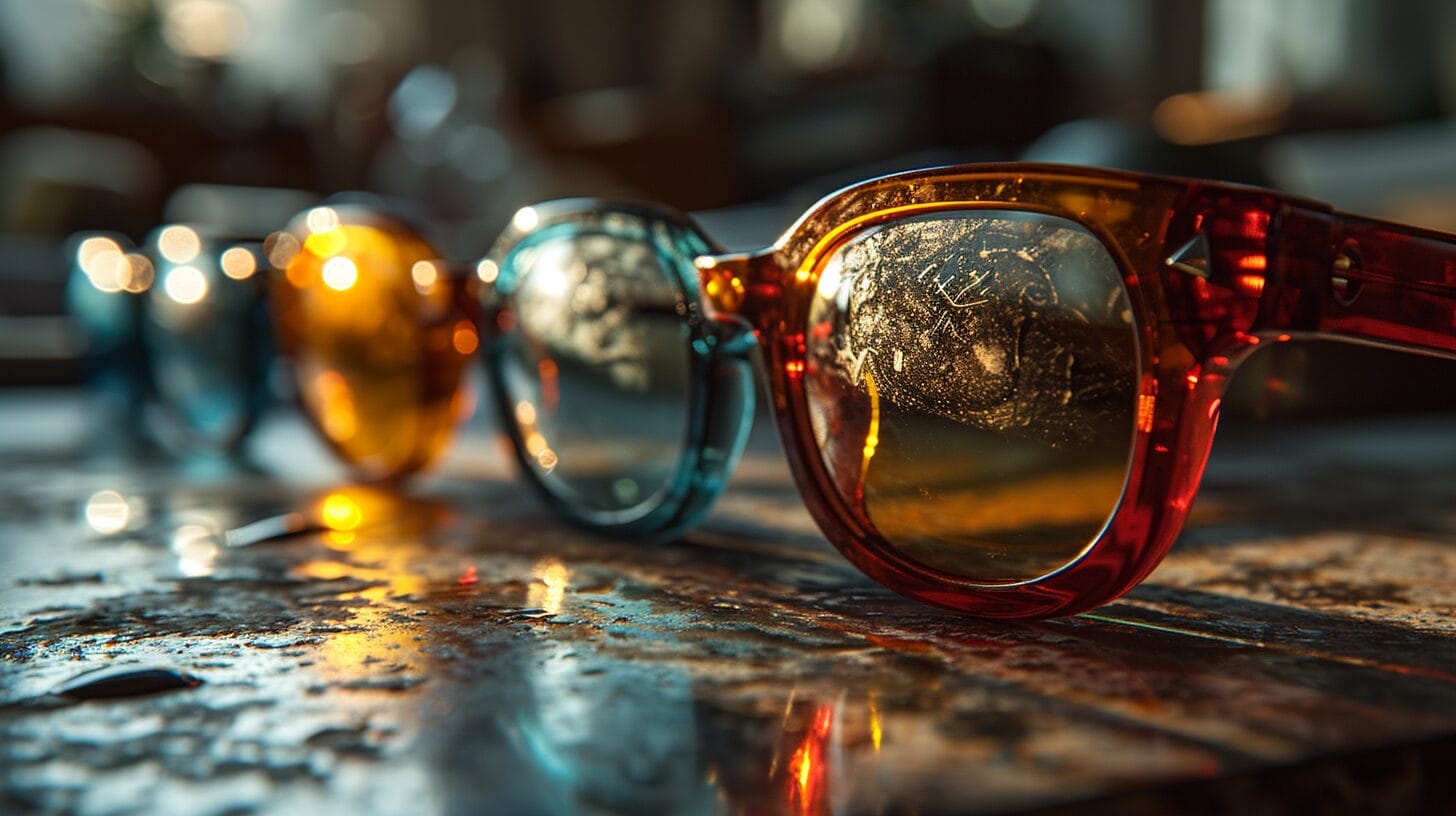Stylish polarized 3D glasses with 3D movie scene background.