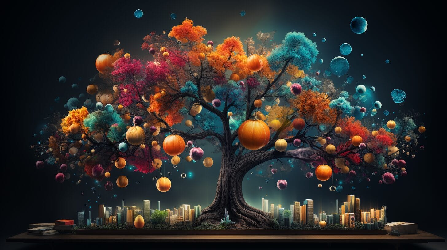 Tree with websites as fruits and SEO roots.