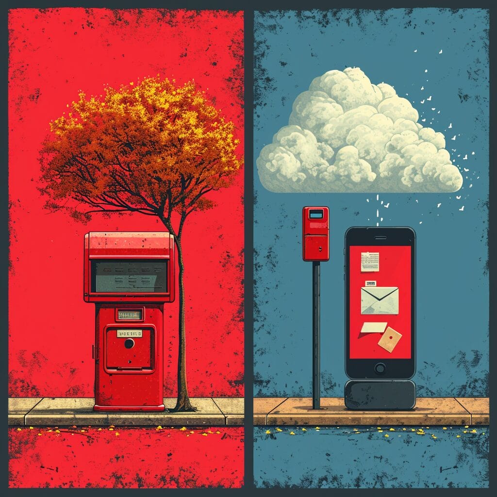 Vintage post office vs. modern mail sorting center.