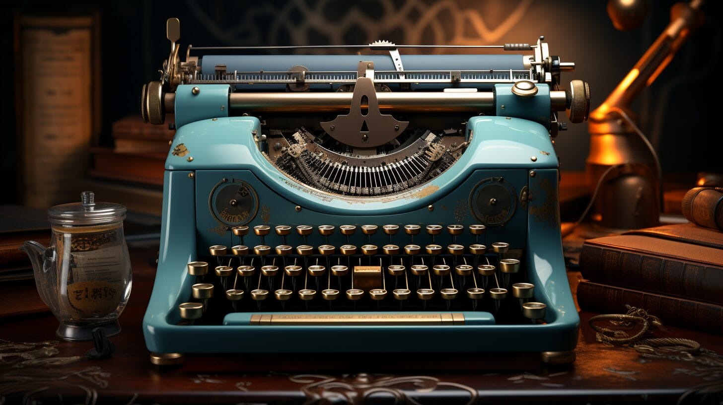 Vintage typewriter, graph keys, magnifying glass, lock and key.