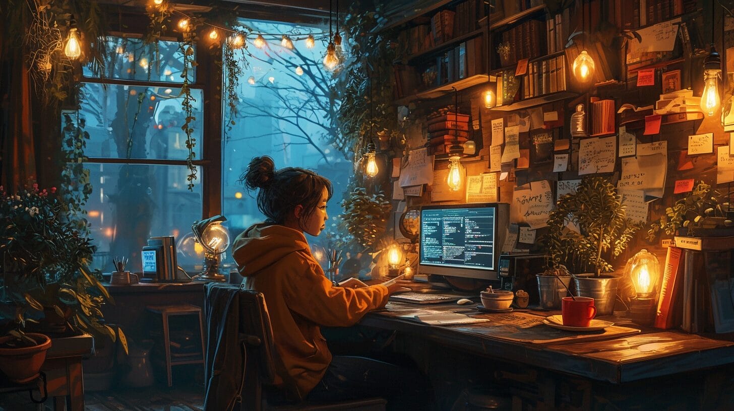 Writer, computer, ChatGPT, floating books, lightbulbs, coffee, sticky notes.