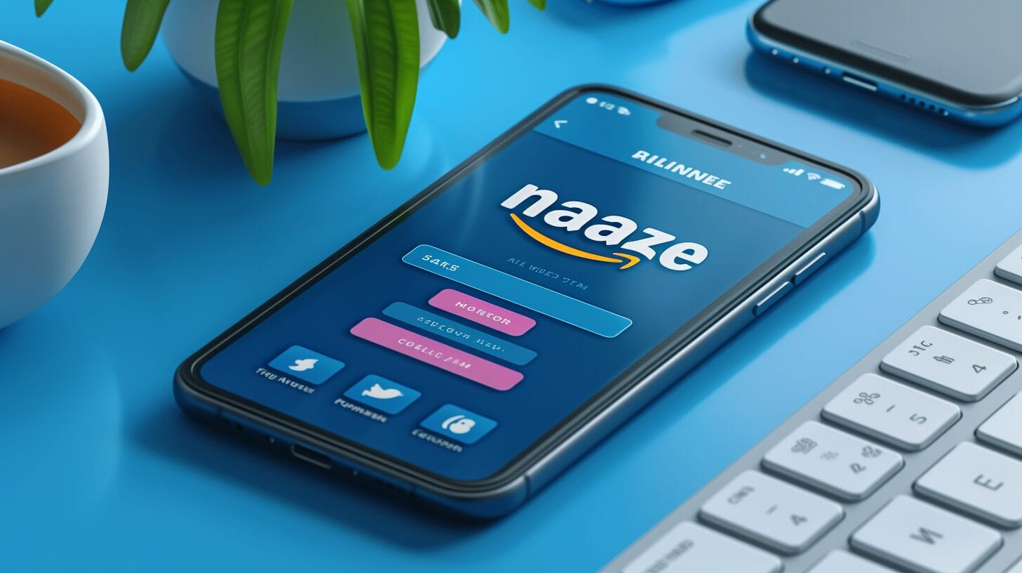 A smartphone displaying the Amazon Affiliate logo and a prominent URL field for mobile app URL entry.