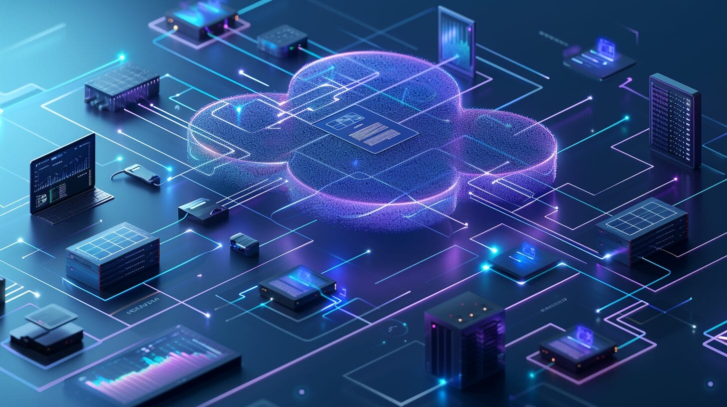 An illustration of a cloud-shaped server infrastructure with data flowing between interconnected devices, emphasizing the benefits of cloud computing over on-premises solutions. AWS what is cloud computing?
