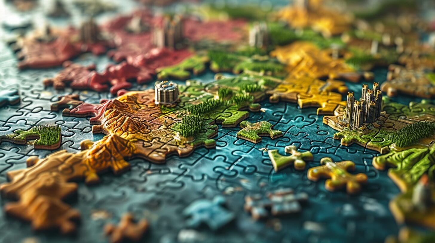 Landscape of interconnected puzzle pieces symbolizing a network of affiliate marketers.