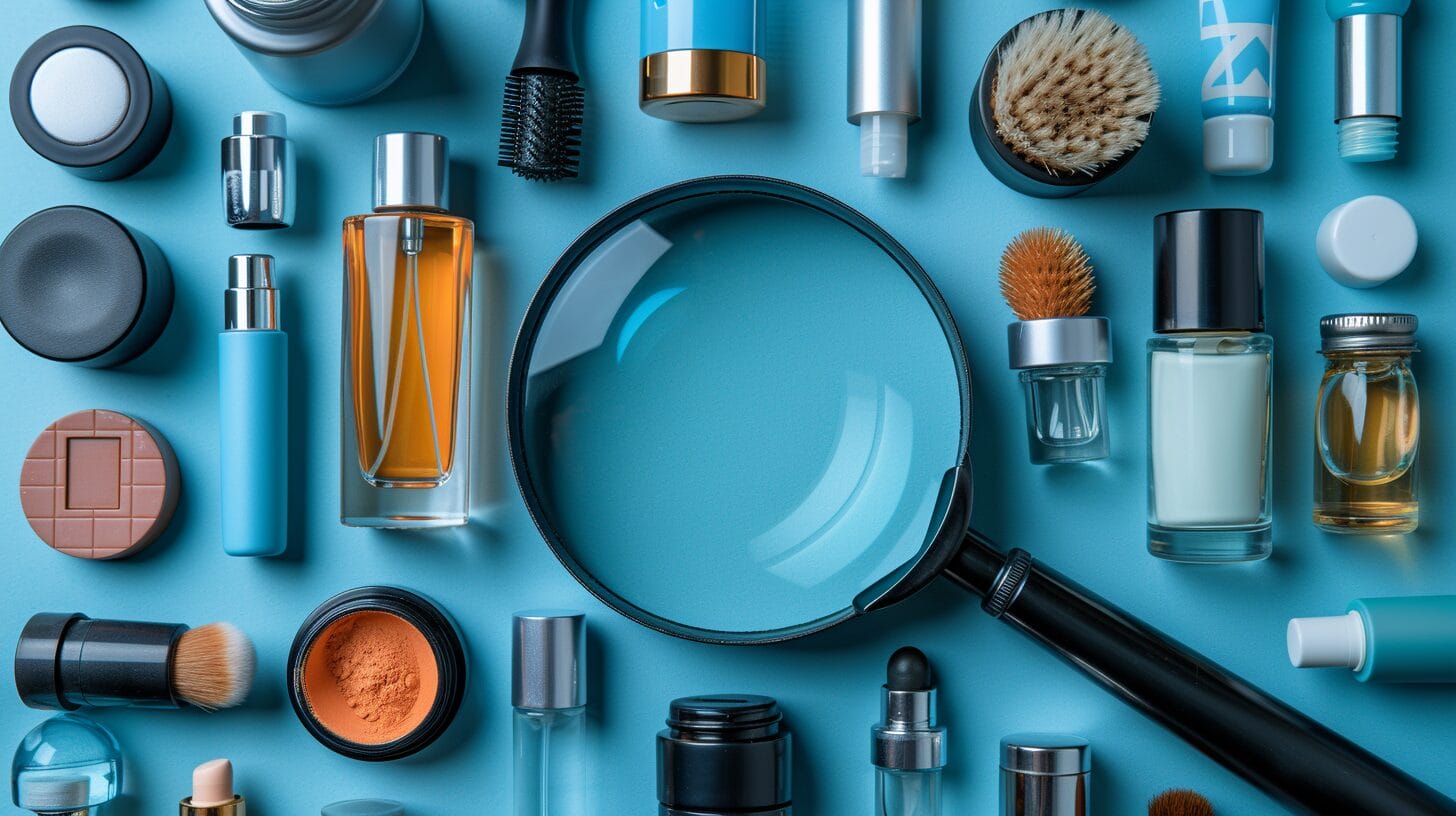 Magnifying glass zooming in on various products, illustrating the identification of profitable niches in affiliate marketing.