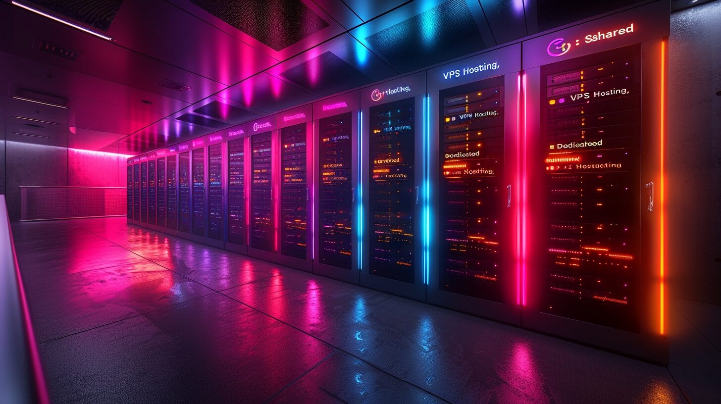 Three distinct server rooms representing Shared, VPS, and Dedicated Hosting.
